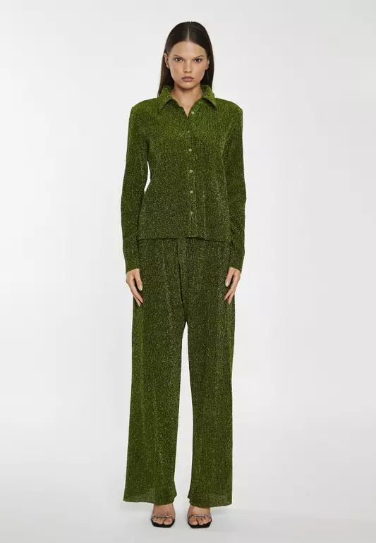 Wide Leg Plisse Trousers with Elasticated Waistband