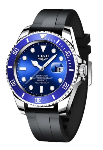 LIGE black and blue and silver LIGE Unisex Classic Diver's Stainless Steel Quartz Watch with turning Bezel on Black Rubber Strap D7A9CAC7C487E8GS_1
