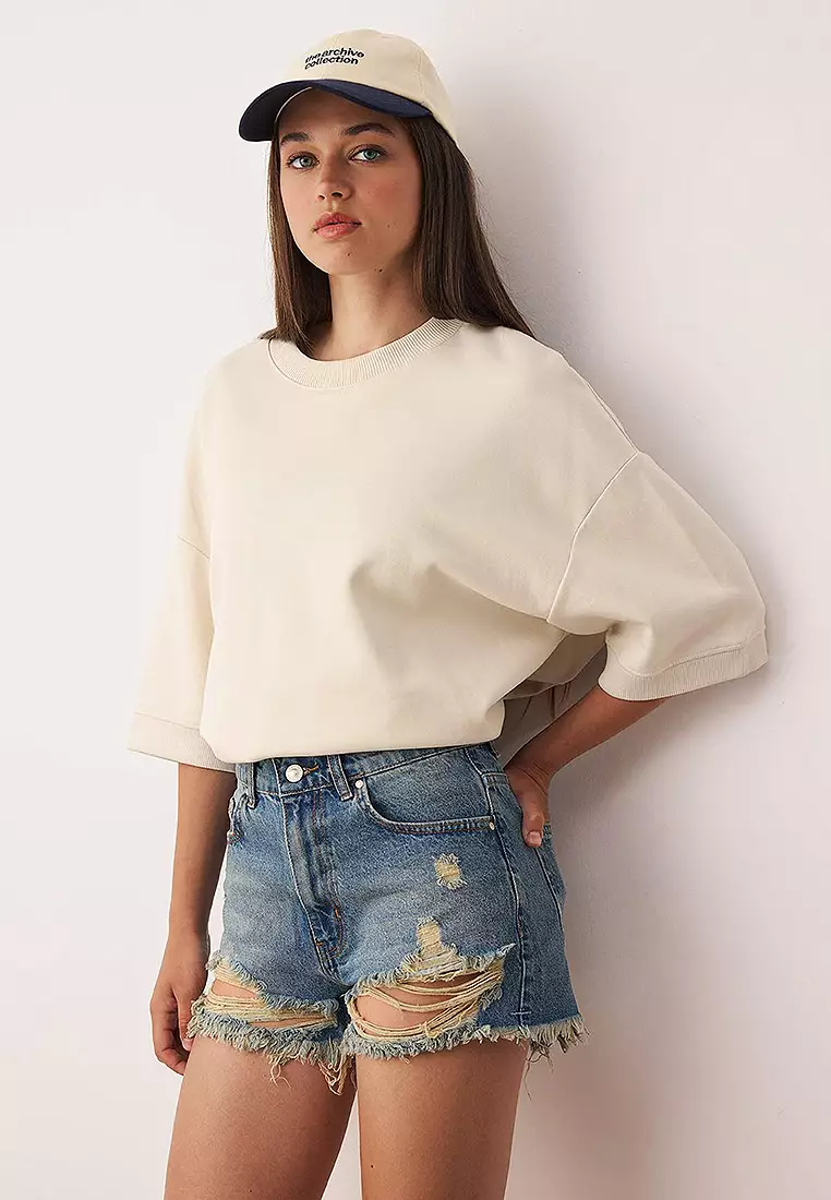 Cotton High Waist Ripped Denim Shorts