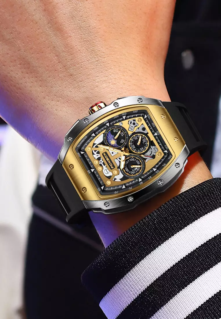 FOXBOX Chronograph Unisex IP Gold & Stainless Steel Quartz Watch, 52x45mm, Gold Color dial on Rubber Strap