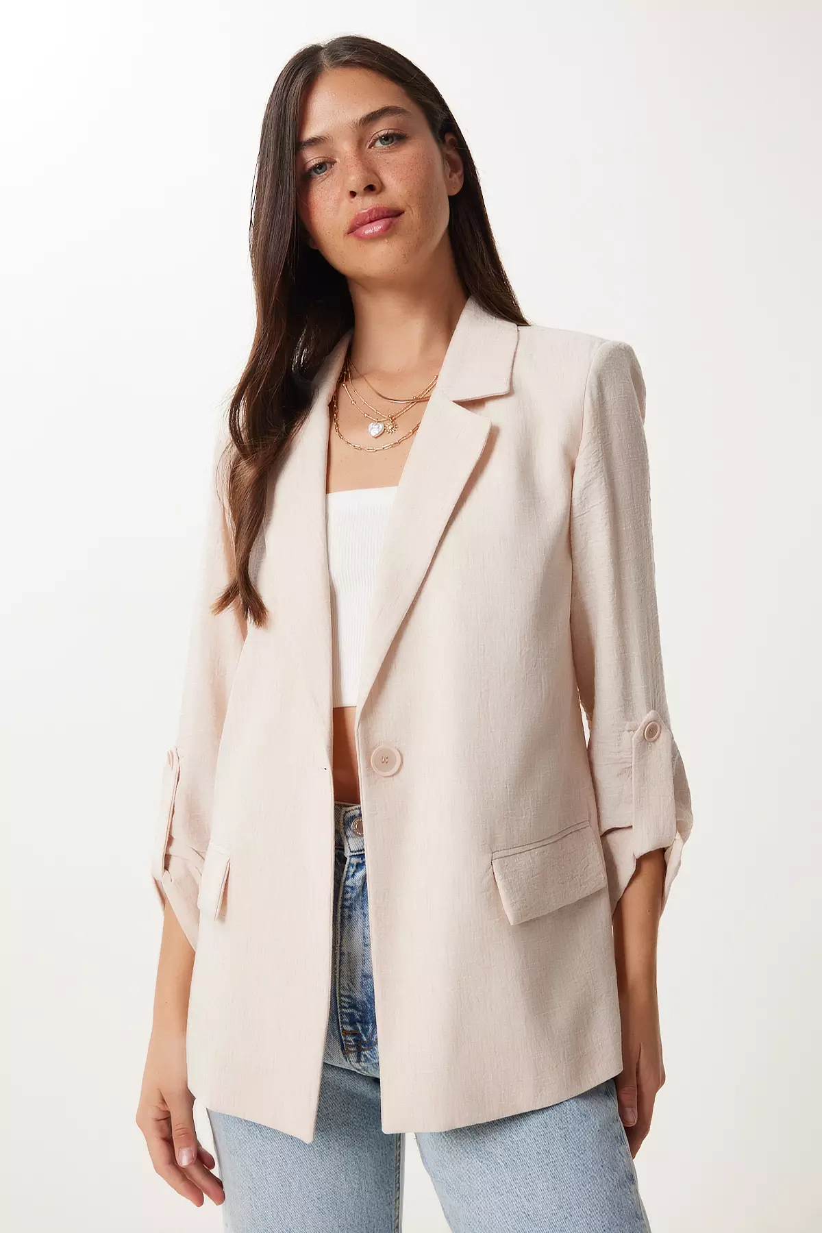 Buy Happiness Istanbul Women's Beige Padded Linen Blazer Jacket