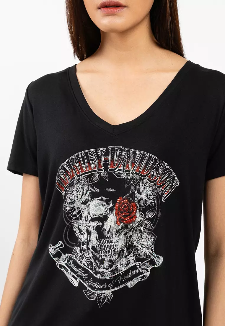Women's Bling H-D® Afterlife Short Sleeve Laced Back Tee - Harley Black
