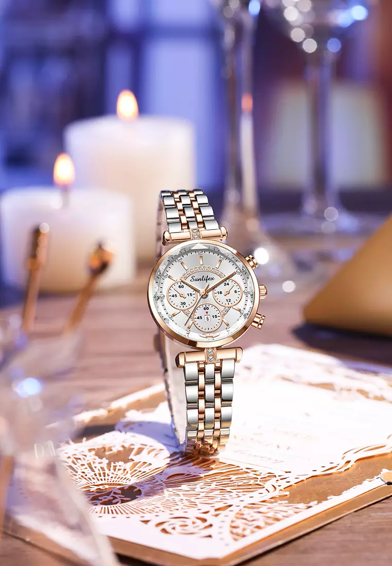Jam Tangan Wanita Original B005 Kalendar Anti Air Berlian Kuarsa Tali Stainless Steel Jam Tangan Cewek rosewhite