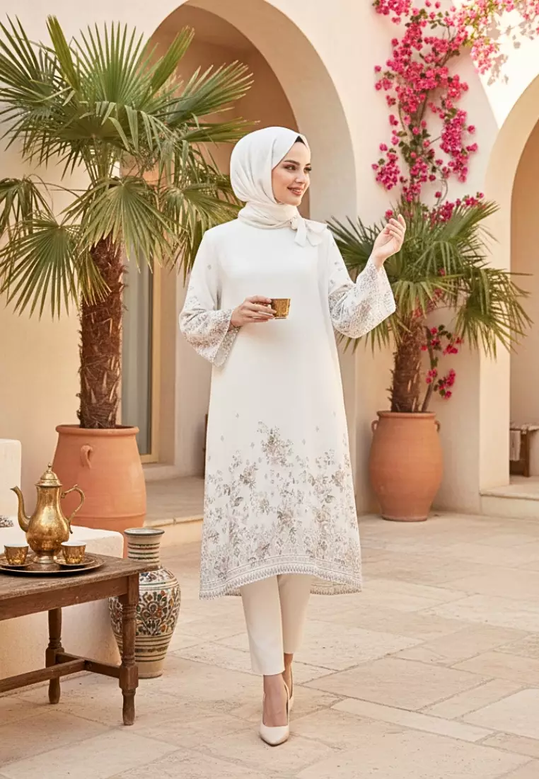 Floral Tunik For Raya With Tape Detail In Soft Pink And Broken White By Brilliant Girl Warna PUTIH