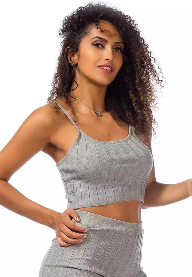 Rib Knit Spaghetti Crop Top in Heather Grey