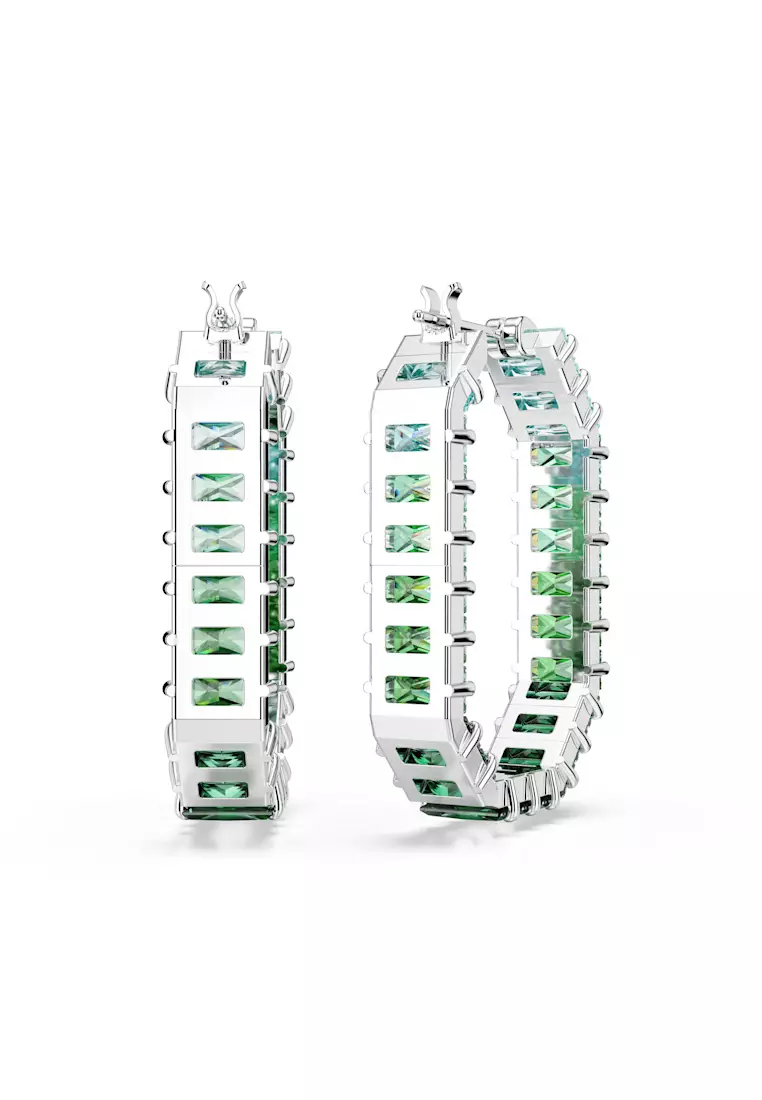 Matrix hoop earrings, Baguette cut, Green, Rhodium plated