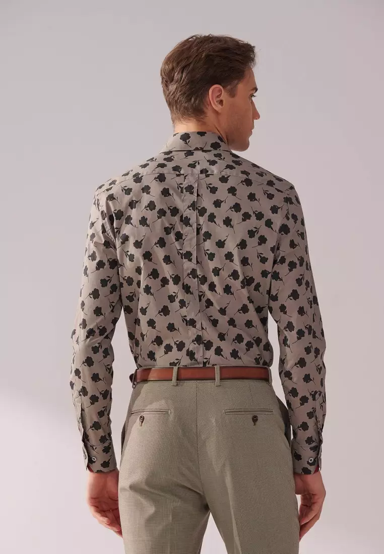 Khaki Green Floral Print Classic Fit Shirt