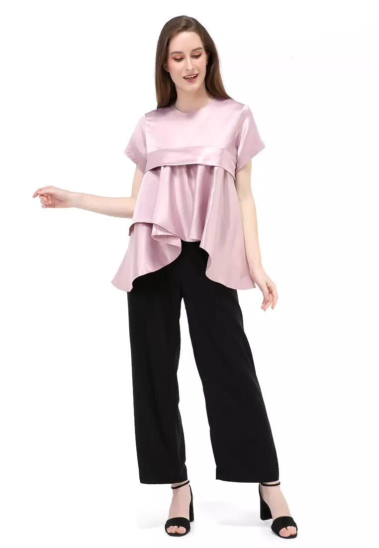 Kailah Blouse Short Sleeves Wanita Motif Polos Atasan Casual - Purple