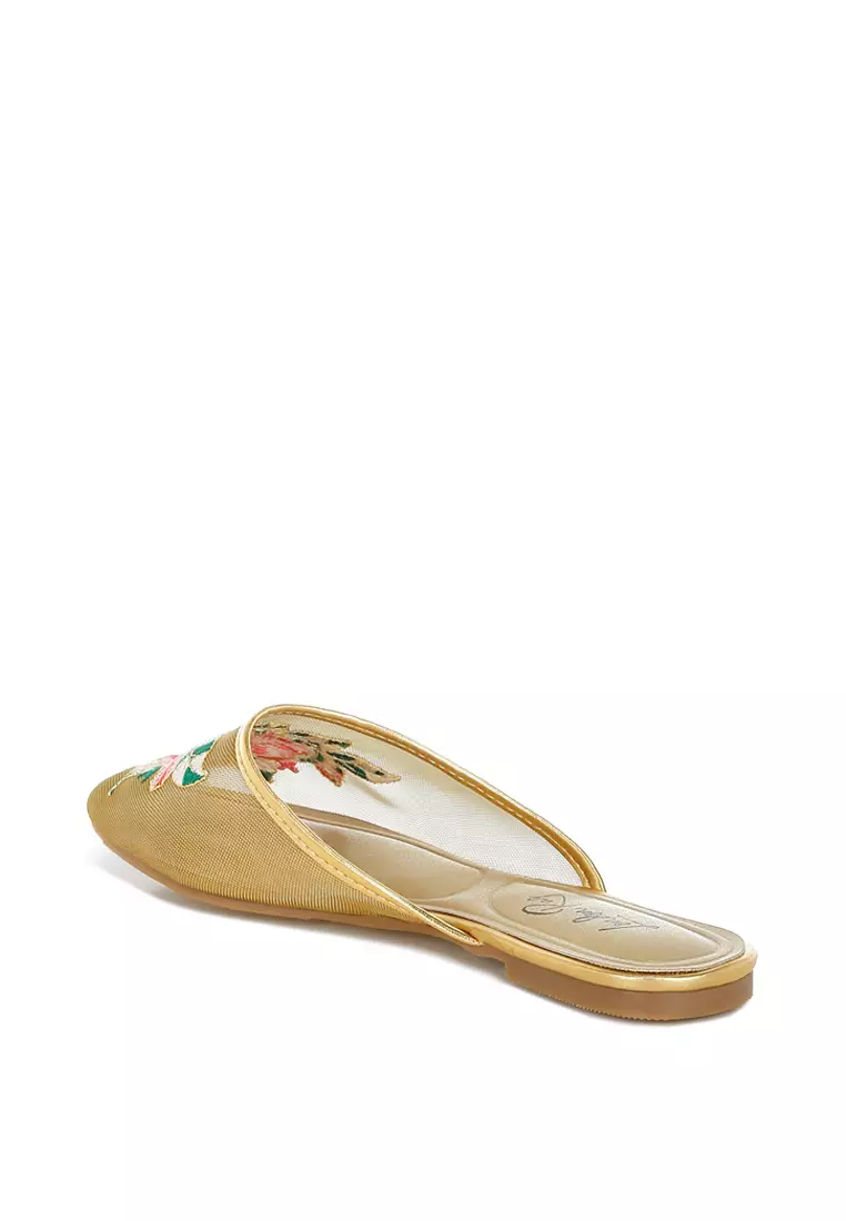Floral Embroidered Mesh Mules in Gold