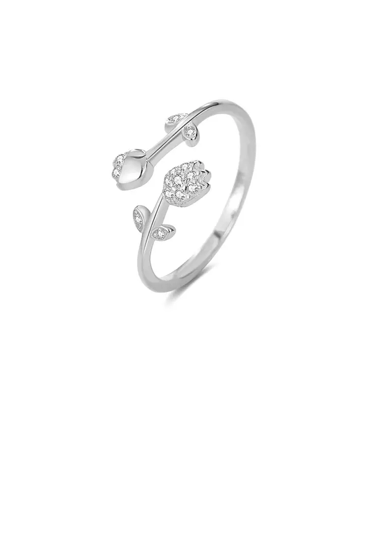Anello Argento 925 Aperto Regolabile A Foglia Con Zirconi: Regalo Unico - 3