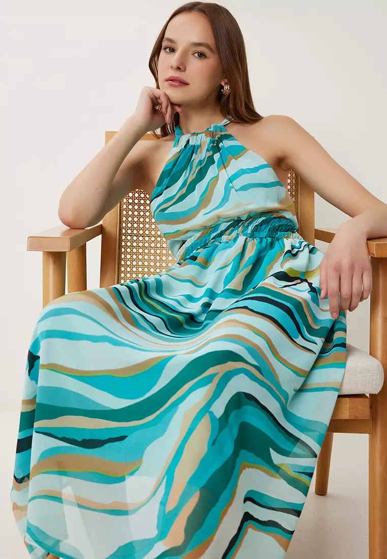 Women's Green Beige Patterned Flounced Midi Chiffon Dress Fg00029