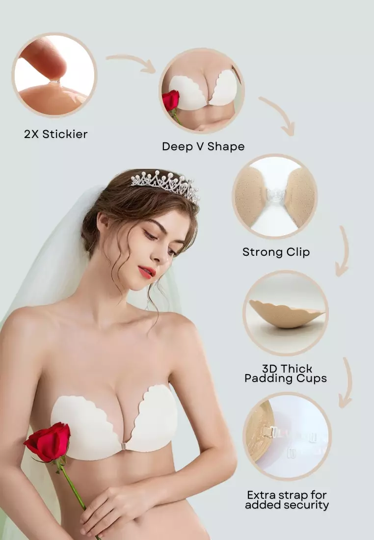 2 Pack Scallop Thick Push Up Stick On Nubra in Nude and Black Seamless Invisible Reusable Adhesive Stick on Wedding Bra 隐形聚拢胸