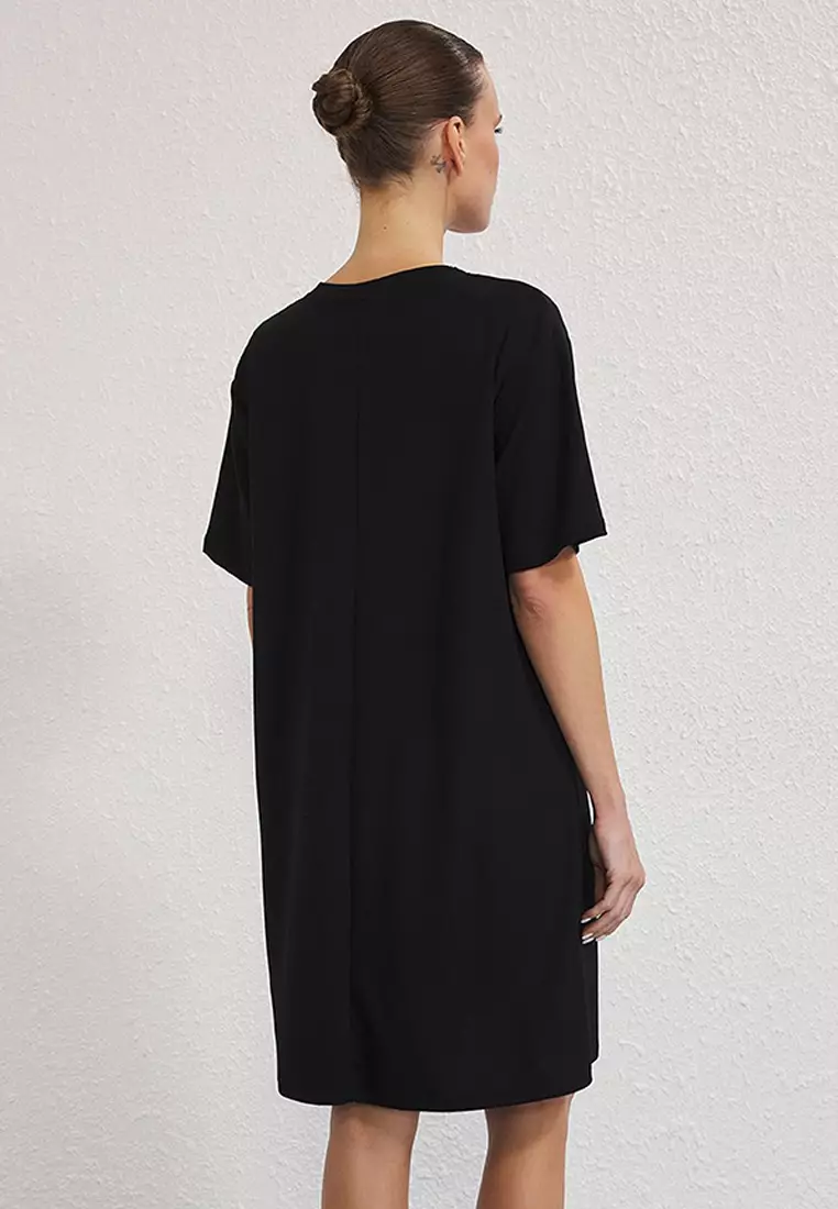 Black Soft Ribbed Shift/Straight Cut Mini Knit Dress TWOSS25EL00778