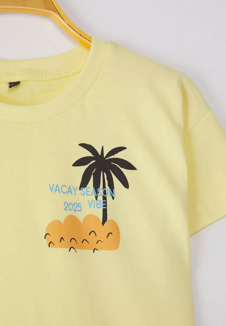 Yellow Boy's Short Sleeve T-Shirt 100% Cotton Palm Printed Tkdss25Ts00088