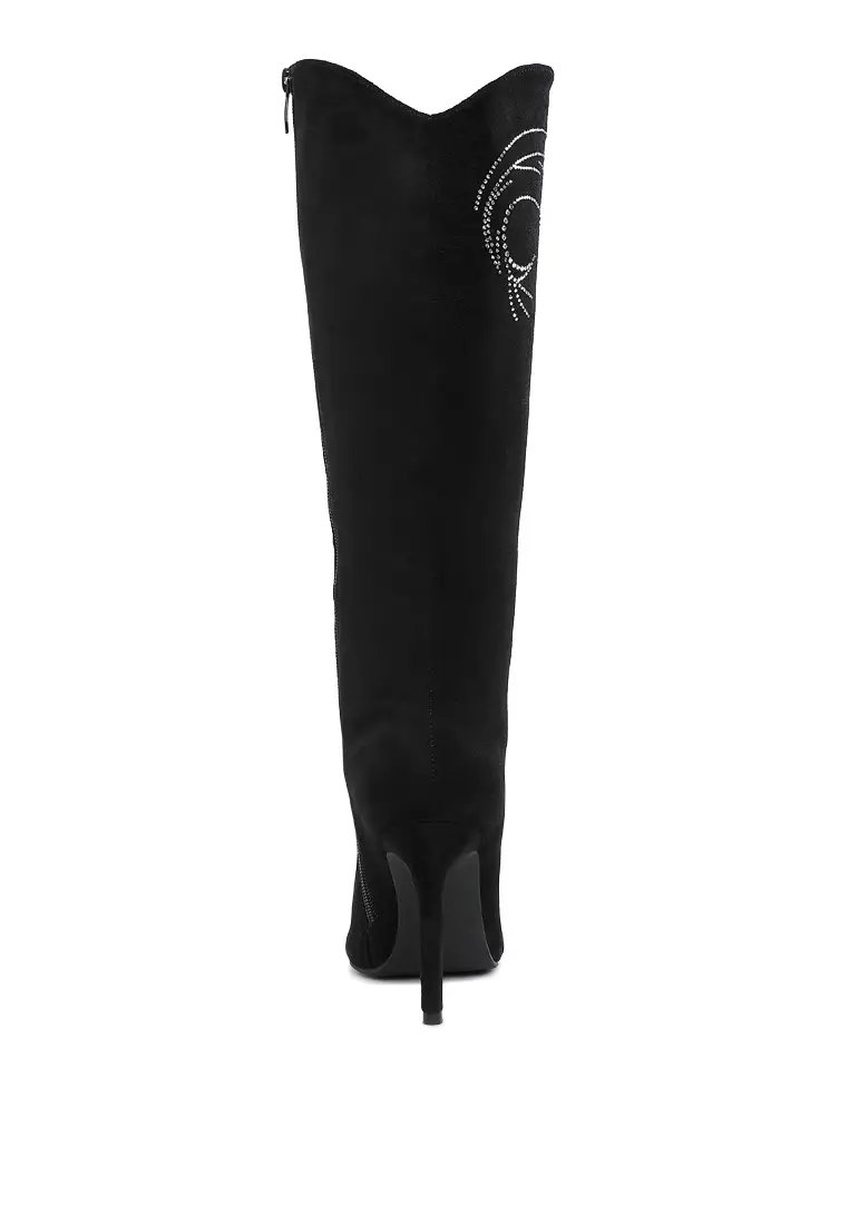 Rhinestone Patterned Calf Boots in Black