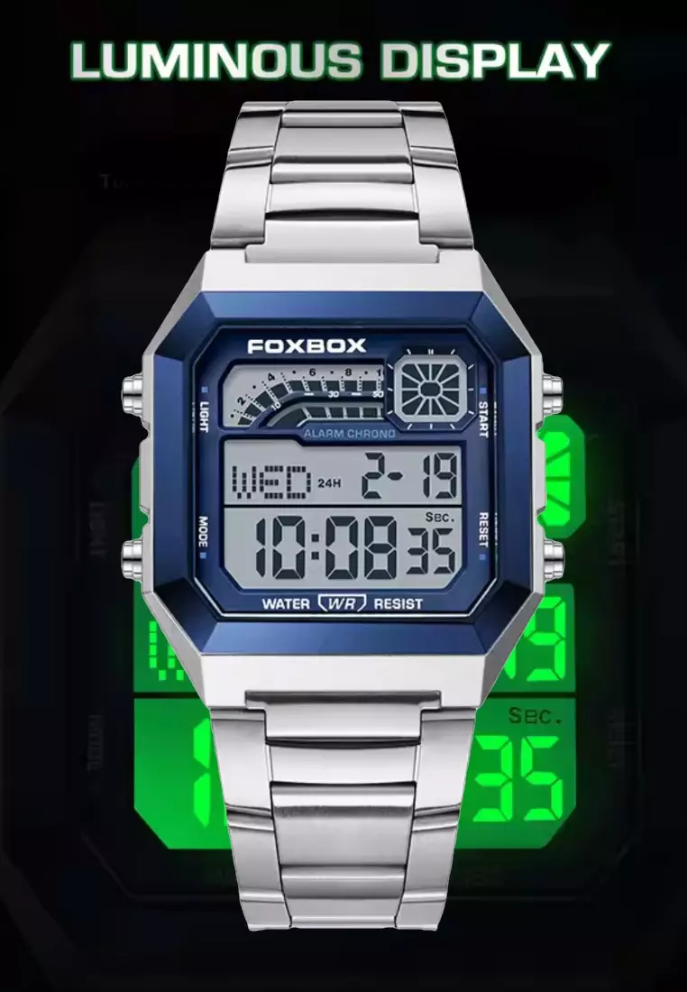 FOXBOX Unisex Digital Watch, Silver/Blue