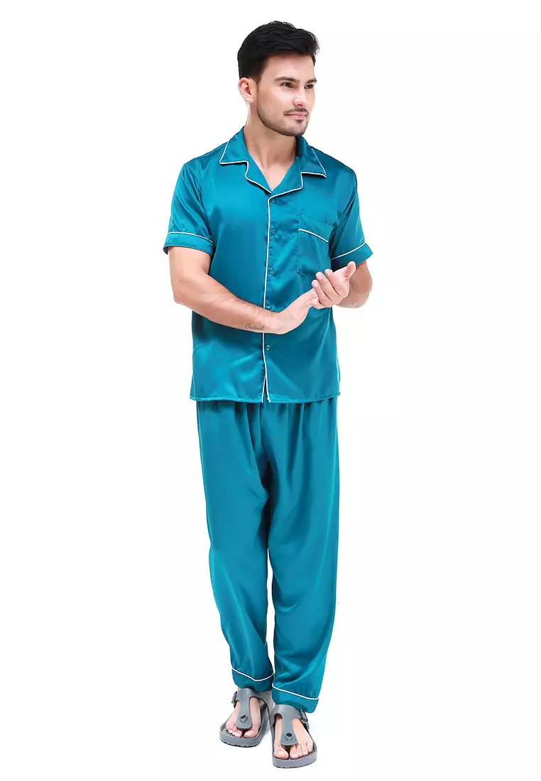 Klicin Setelan Baju Tidur Pendek Piyama Pria Plain One Set Sleepwear Pajamas Material Satin ORIGINAL