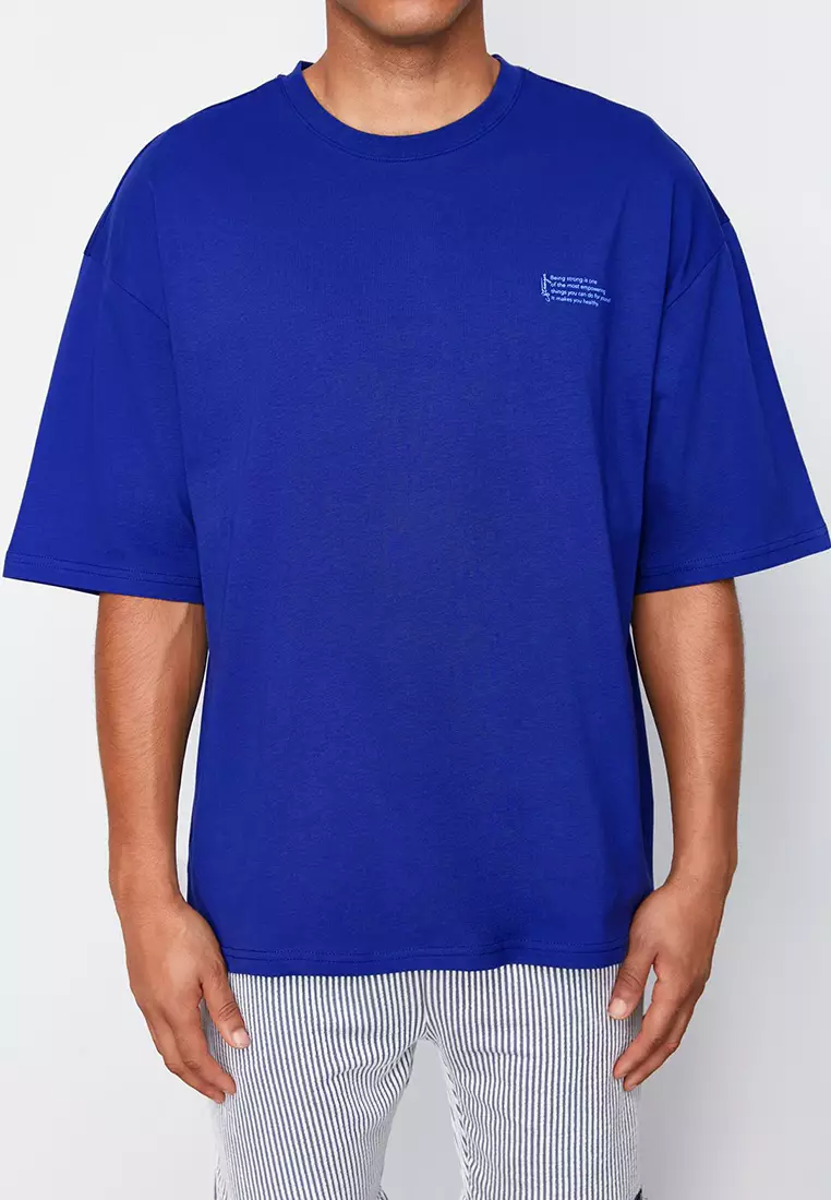 Saks Oversize 100% Cotton Crew Neck Minimal Text Printed T-shirt TMNSS23TS00084