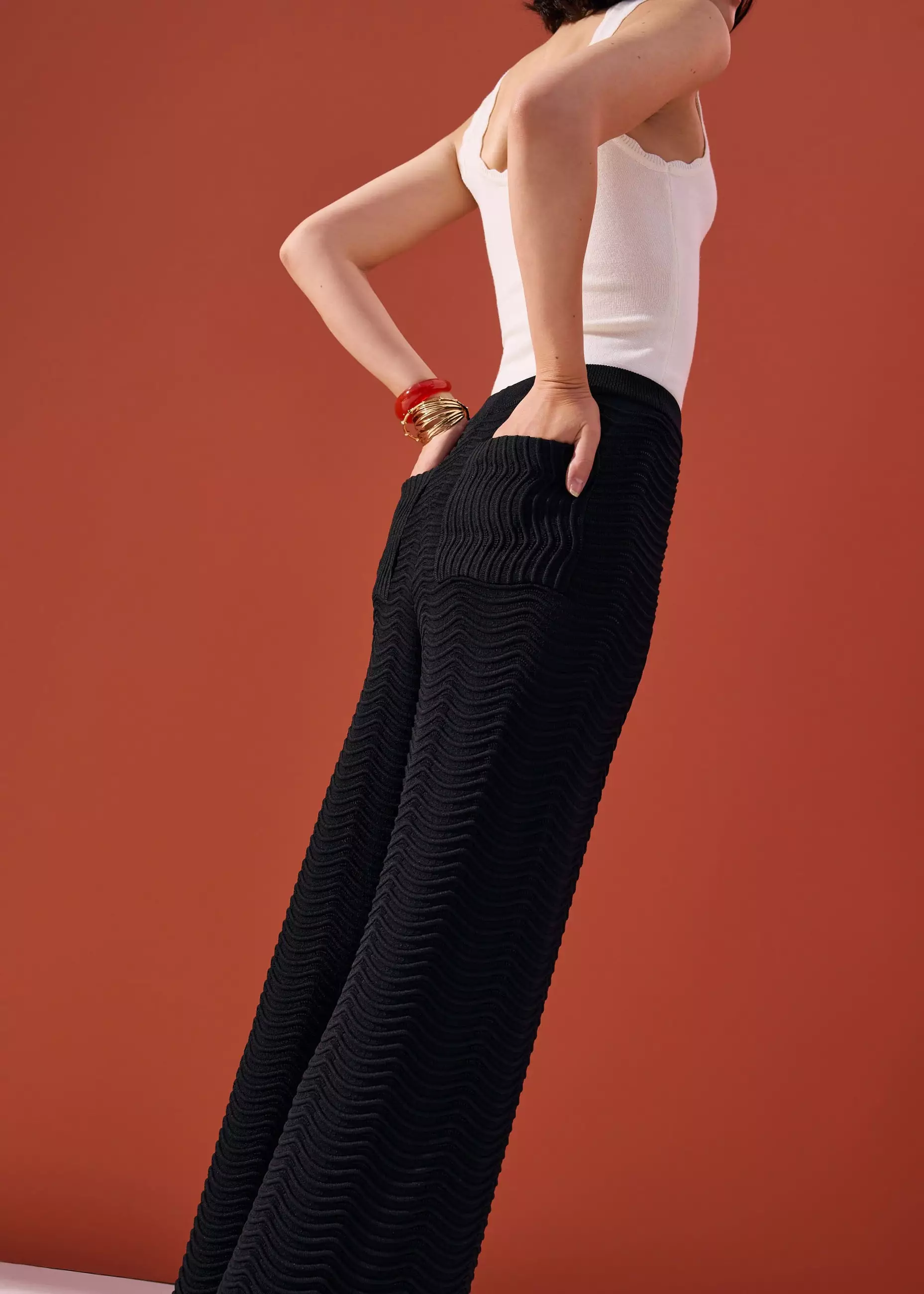 Celana Panjang Wanita - Elastic Wavy Knit Straight Leg Pants