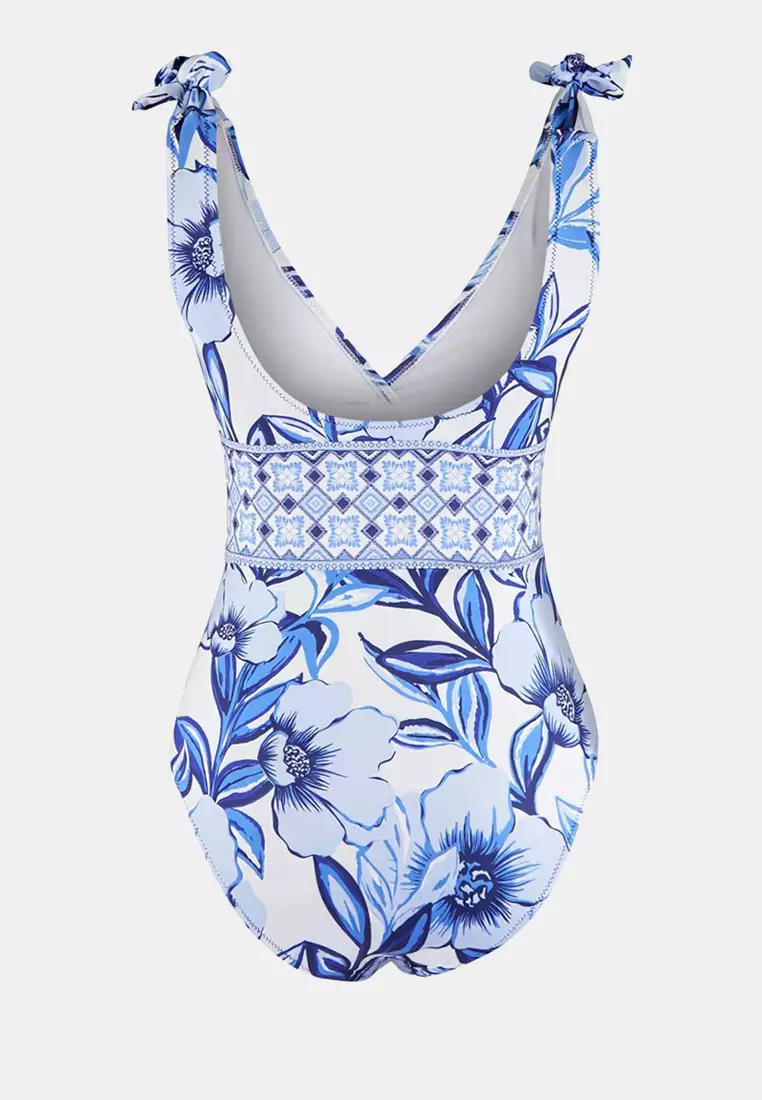 Floral Pattern Covered Deep V-Neck Regular 2-Piece Suit Skirt Swimsuit Tbess26Ma32