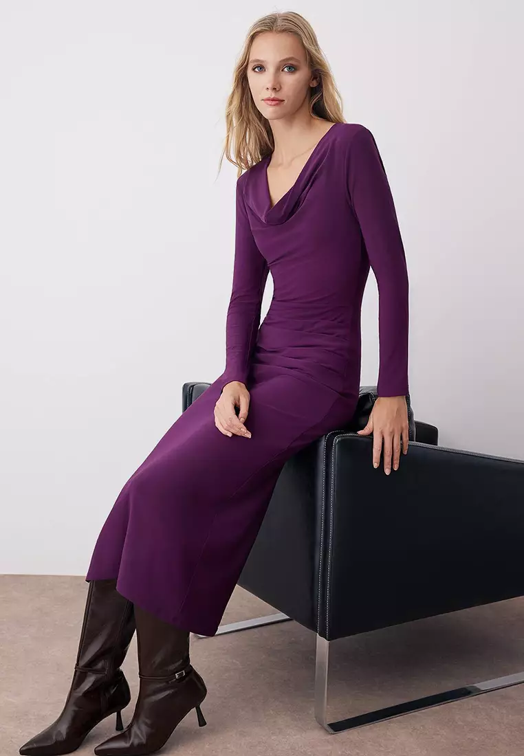 Plum Plain Gathered Boat Neck Lined Bodycone/Fits Body Maxi Knit Dress Twoaw26El00063