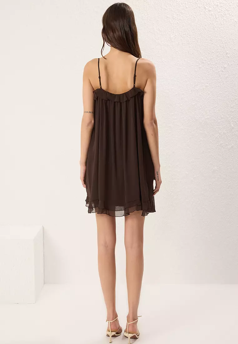 Limited Edition Brown Ruffle Mini Woven Dress TWOSS25EL00516