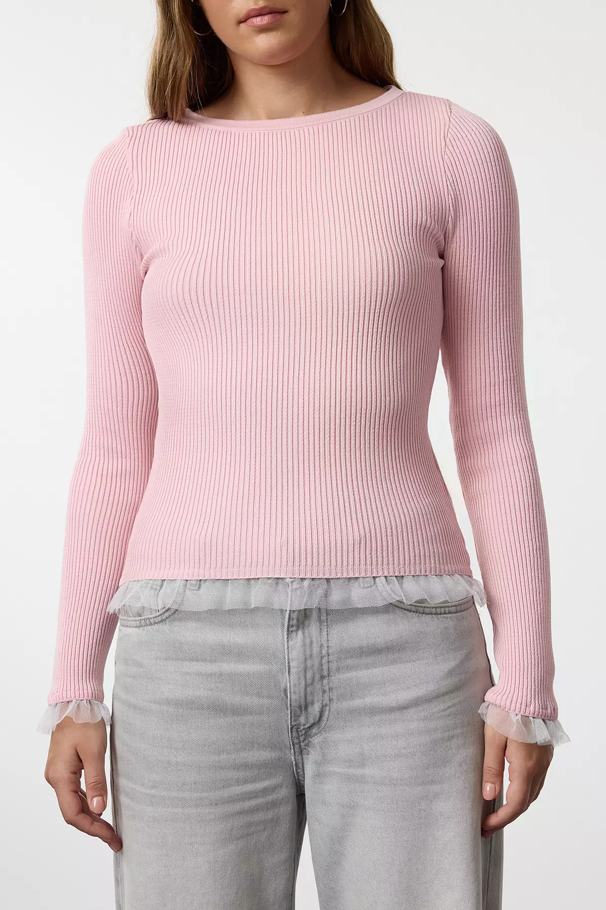 Powder Tulle Garnish Detailed Fitted/Body Wrap Slim Knitwear Sweater