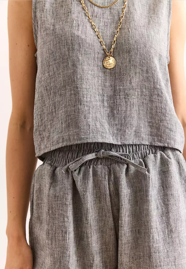 Top Back Button Blouse Bottom Pocket Shorts Set