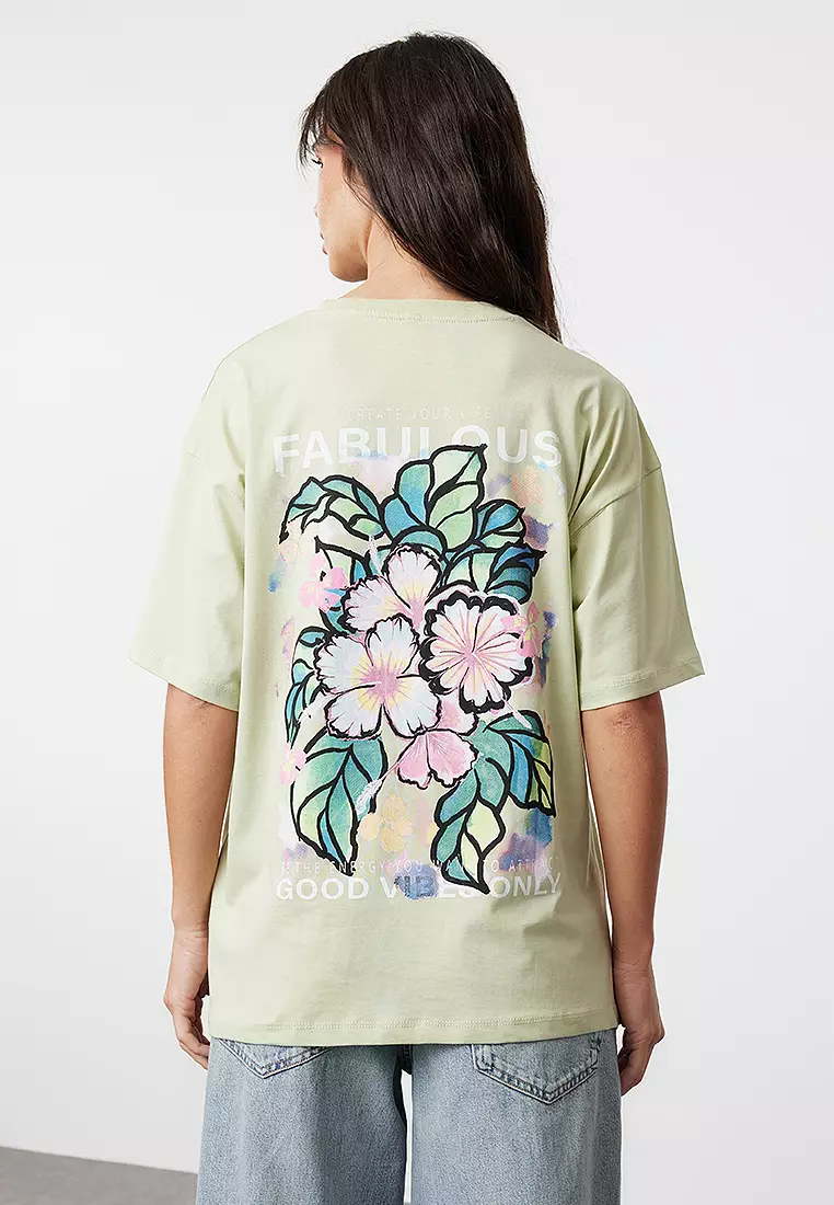 Mint Back And Front Printed Oversize/Wide Cut Knitted T-Shirt