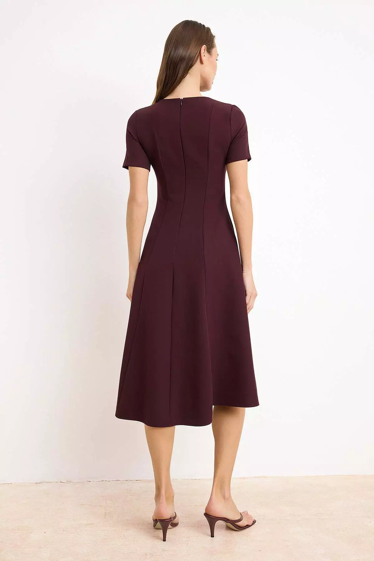 Dark Burgundy Straight Skirt Waist Opening Midi Woven Dress Twoss25El79