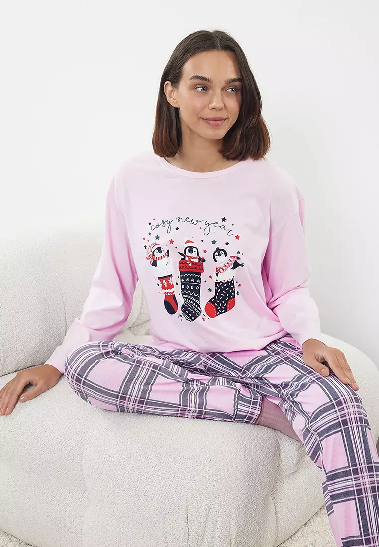 Pink-Multicolored 100% Cotton Winter Themed Plaid Knitted Pajama Set THMAW25PT00121