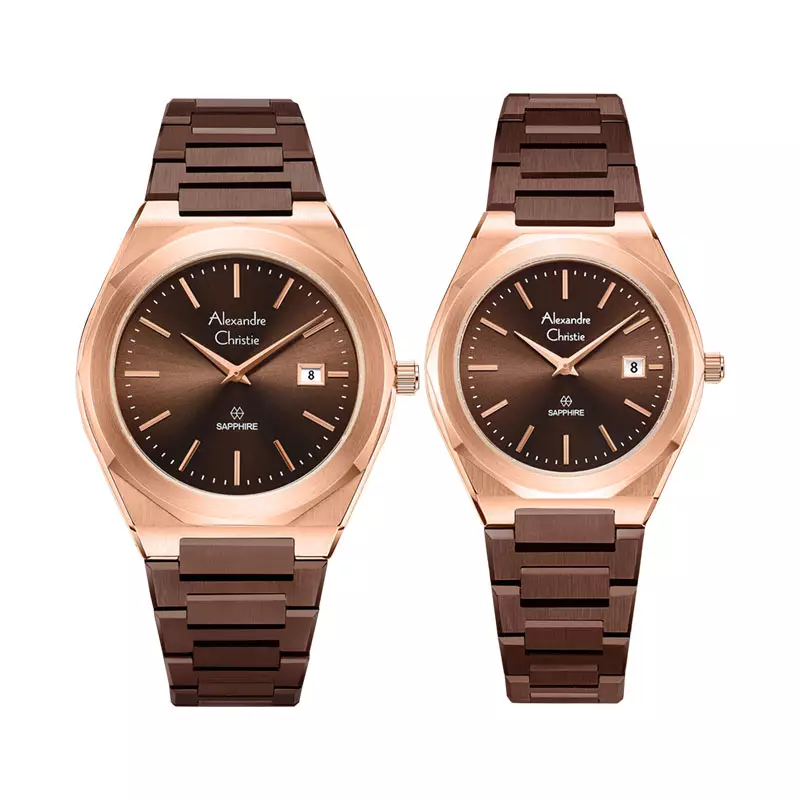 Jam Tangan Couple Alexandre Christie AC 8710 BROBOSG Couple Sapphire Brown Dial Brown Stainless Steel Strap