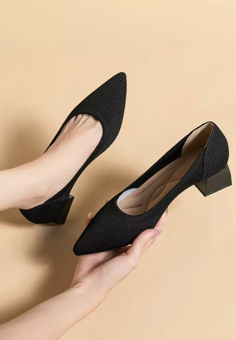 4CM ‌Pointed-toe Fly Knit‌ Chunky Heels‌ TJ1508