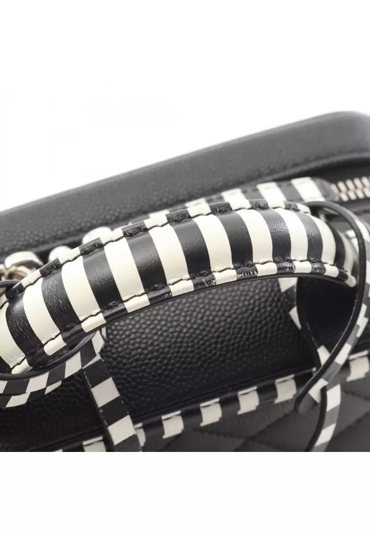 Pre-Loved Chanel CC filigree Small vanity bag chain shoulder bag Stripes Caviar skin black white silver hardware 2WAY
