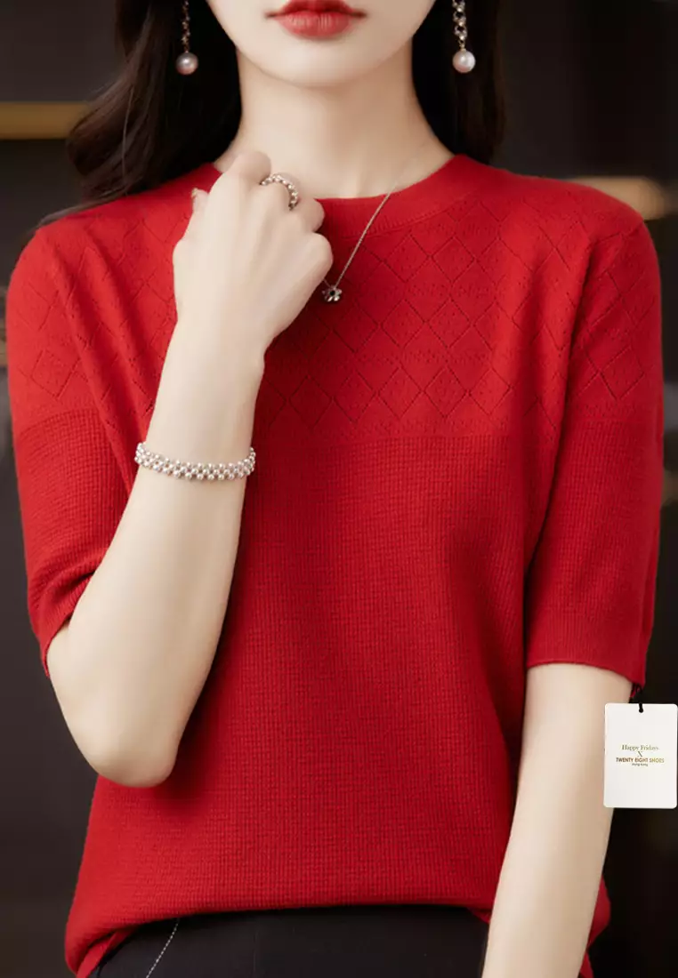 Rhombus Hollow Out Pattern Short Sleeve Knit Top JW QT-291