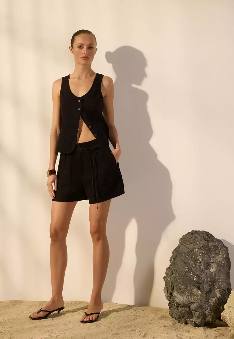 Black 100% Linen Waist Tie Detailed Mini Shorts Twoss25Sr00088