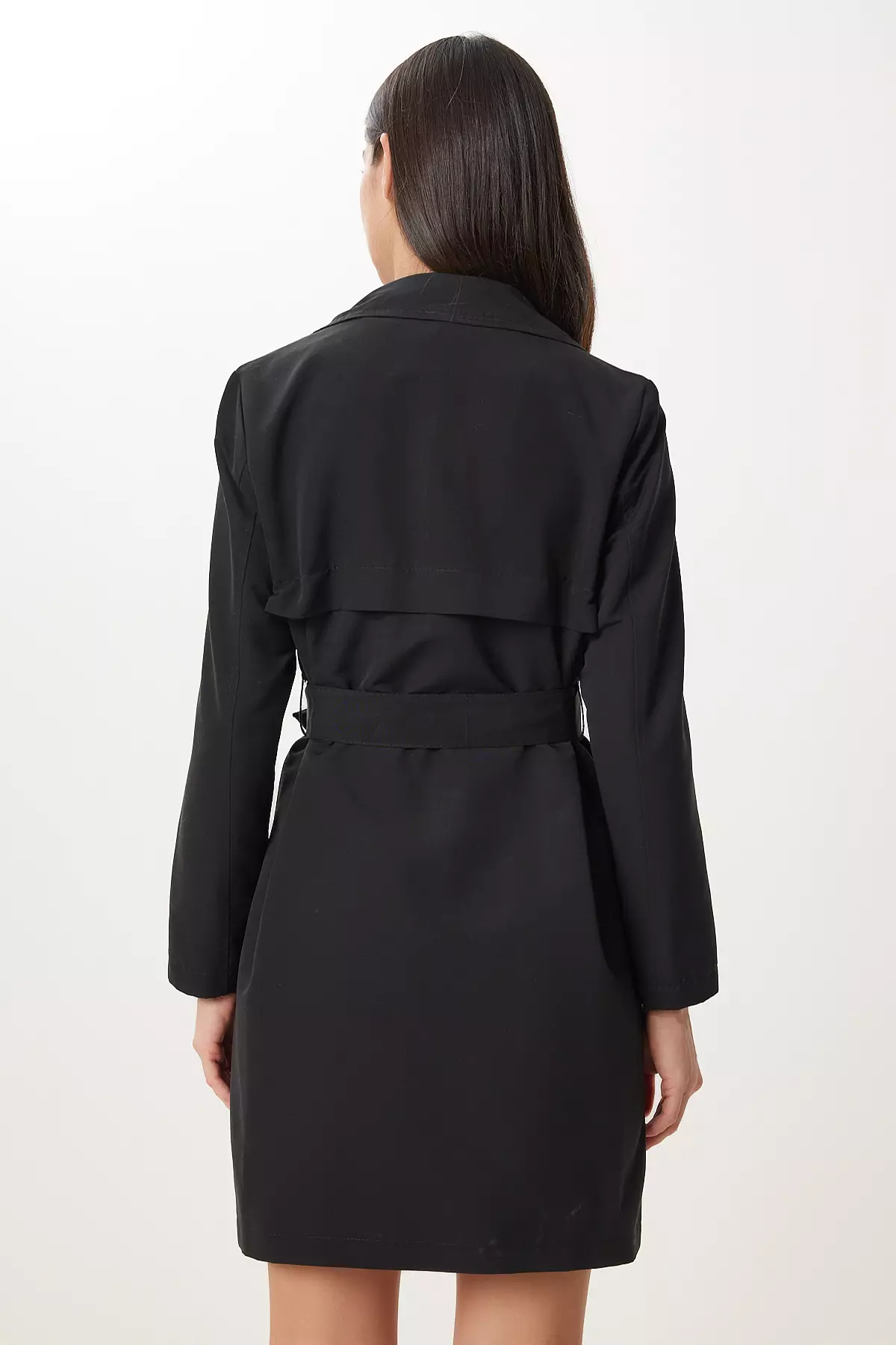 Women's Black Belted Short Woven Trench Coat Gp00027