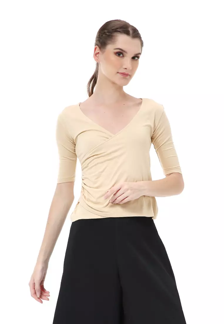 Cerise Atasan Wanita Ruffle T-shirt Casual Kaos Short Sleeve Material Rayon Lycra ORIGINAL - Beige