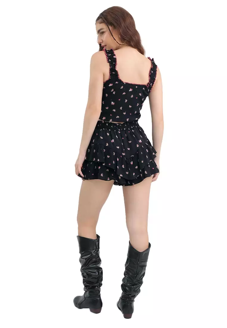 Floral Corsetry-Like Top With Contrast Edge