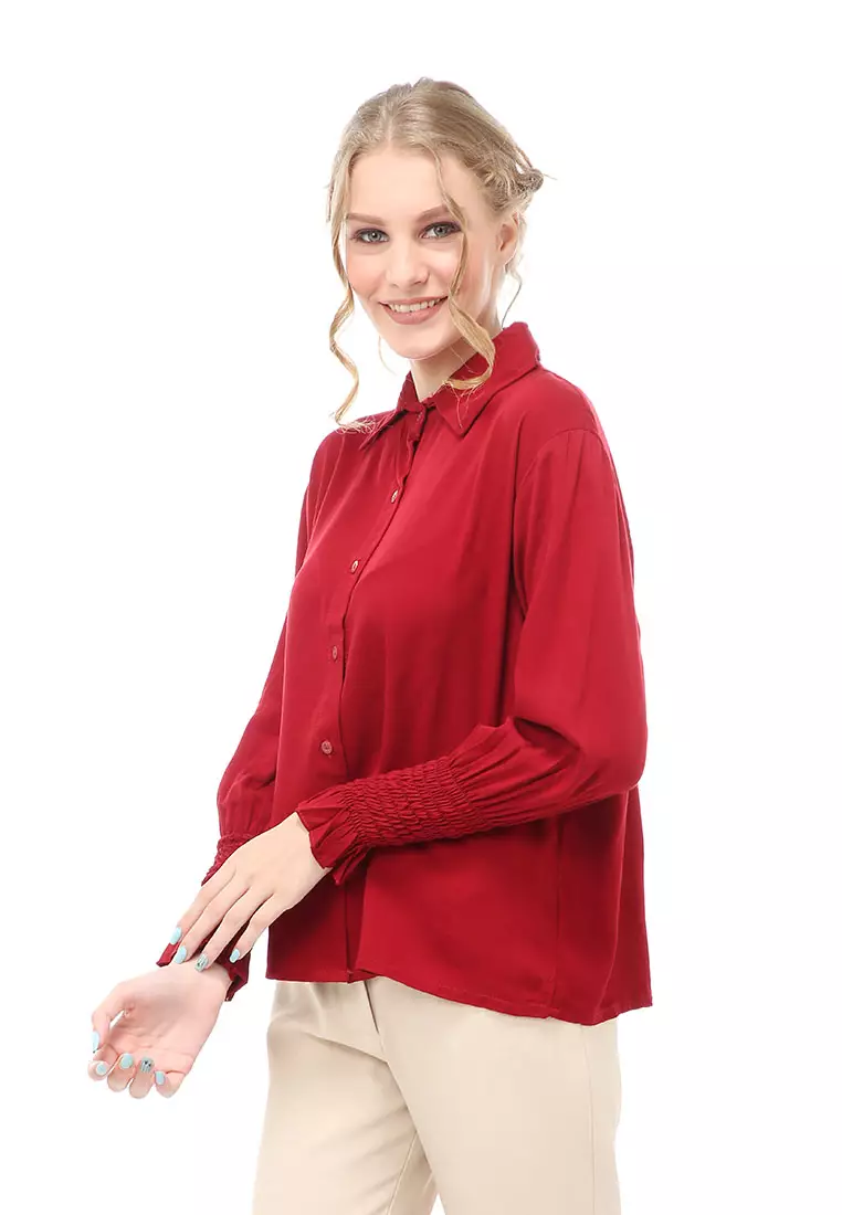 Holly Kemeja Atasan Kasual Wanita Model Lengan Karet Material Twill rayon ORIGINAL - Maroon
