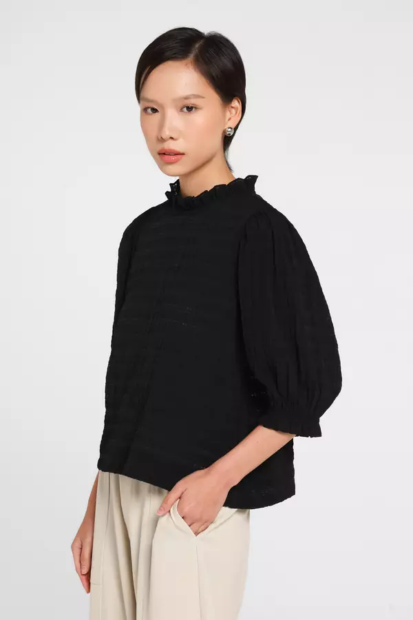 MINIMAL - Minami - Sheersucker Ruffle Blouse - Black Colour Black