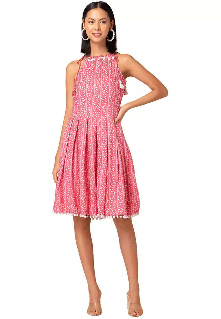 Indya Pink Batik Print Strappy Tiered Cotton Dress 2024 Buy