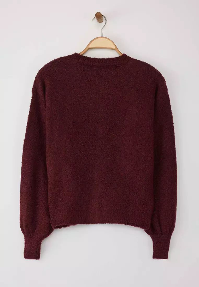 Burgundy Button Detailed Soft Textured Knitwear Cardigan
