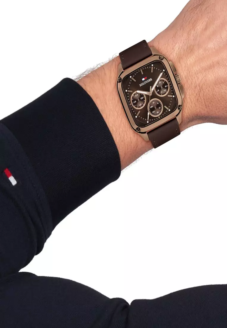 Men's Ionic Plated Rose Gold Tone Steel Calfskin Strap Watch - TH1792221