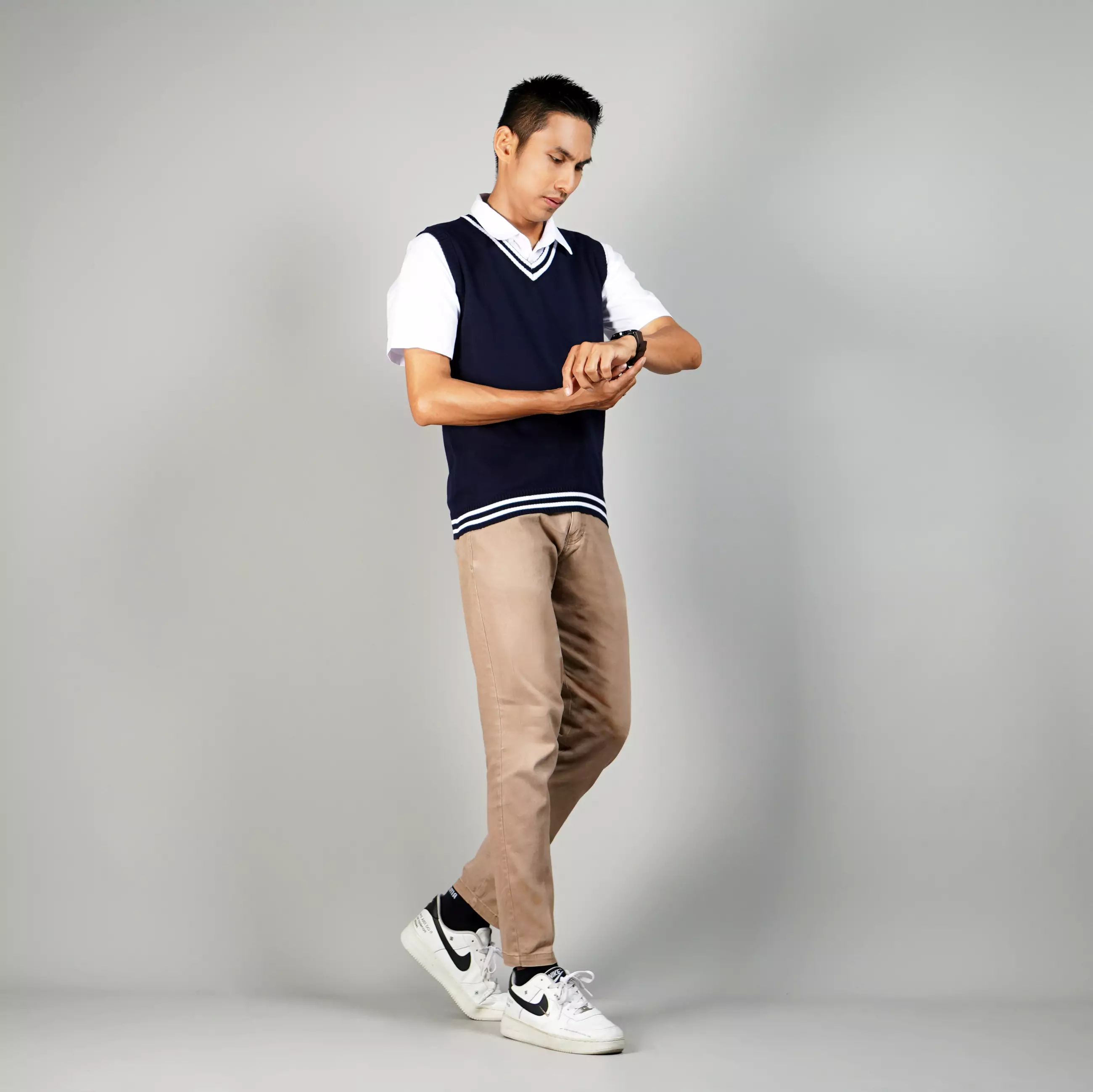 VICKO Rompi Navy Pria Rompi SMP Rompi List Putih Knit Vest Outer Pria - NAVY