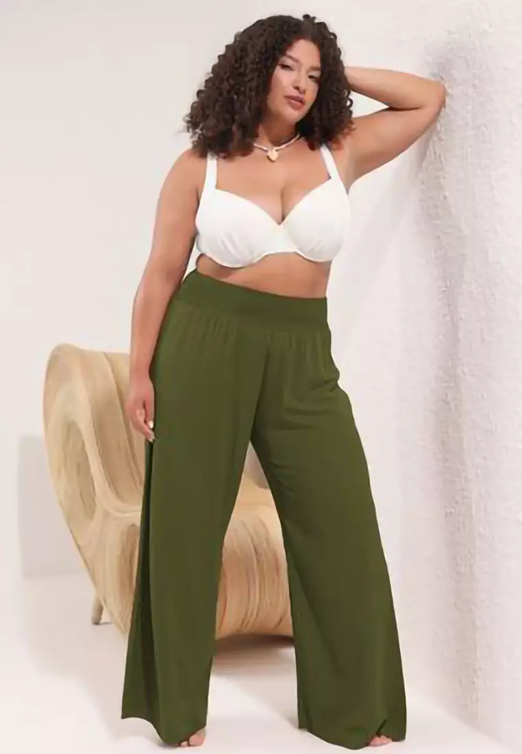 Khaki Wide Leg High Waist Beach Wear Plus Size Pants Tbbss25Ar00000