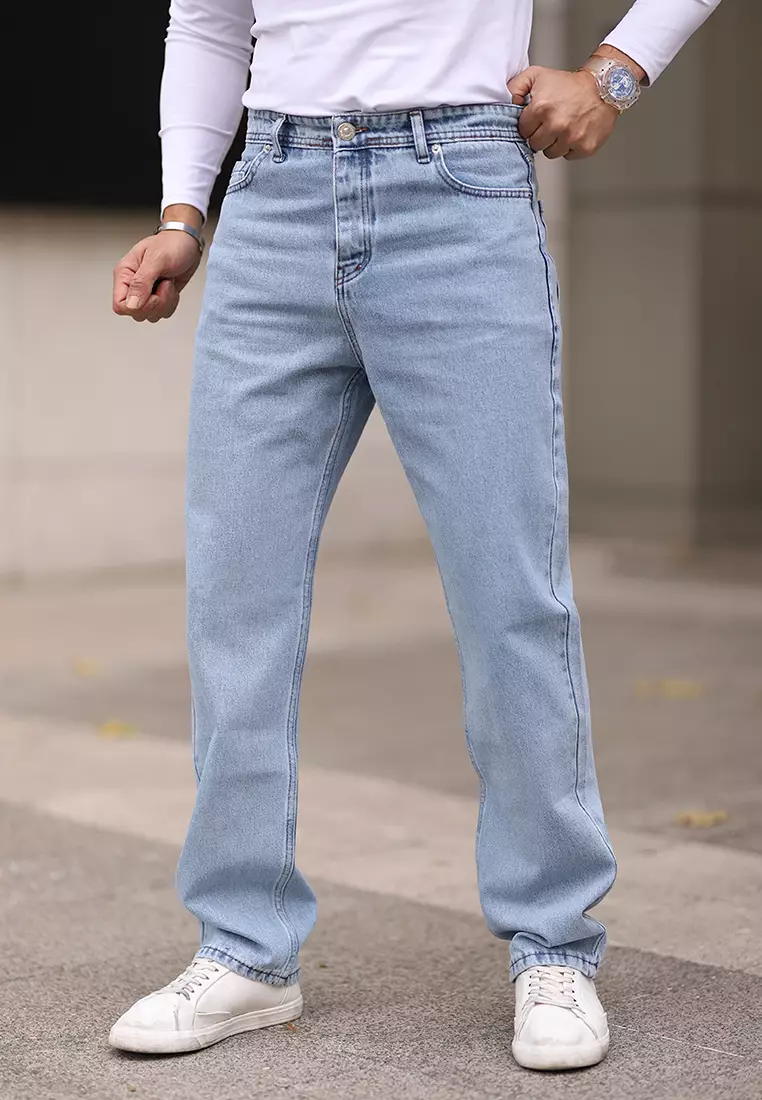 Light Blue 100% Cotton Men's Baggy Fit Jeans Jeans Tmnaw24Je00027