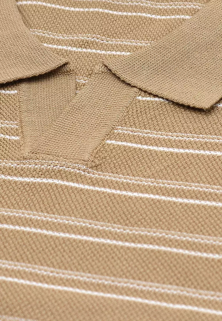 Men's Stripes Knit Poloshirt - Caramel/White