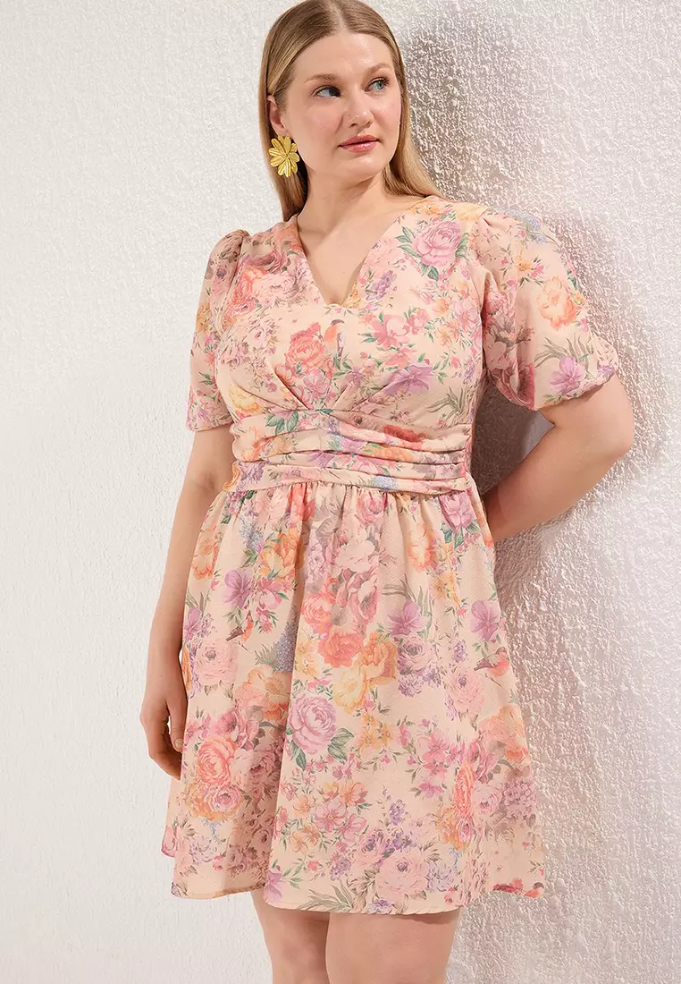 Floral V Neck Balloon Sleeve Woven Plus Size Dress Tbbss25Ah00218