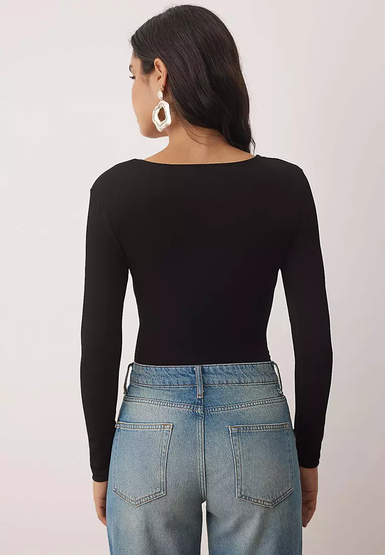 Black Lace Striped V-Neck Knitted Bodysuit Tpraw26Bd00018